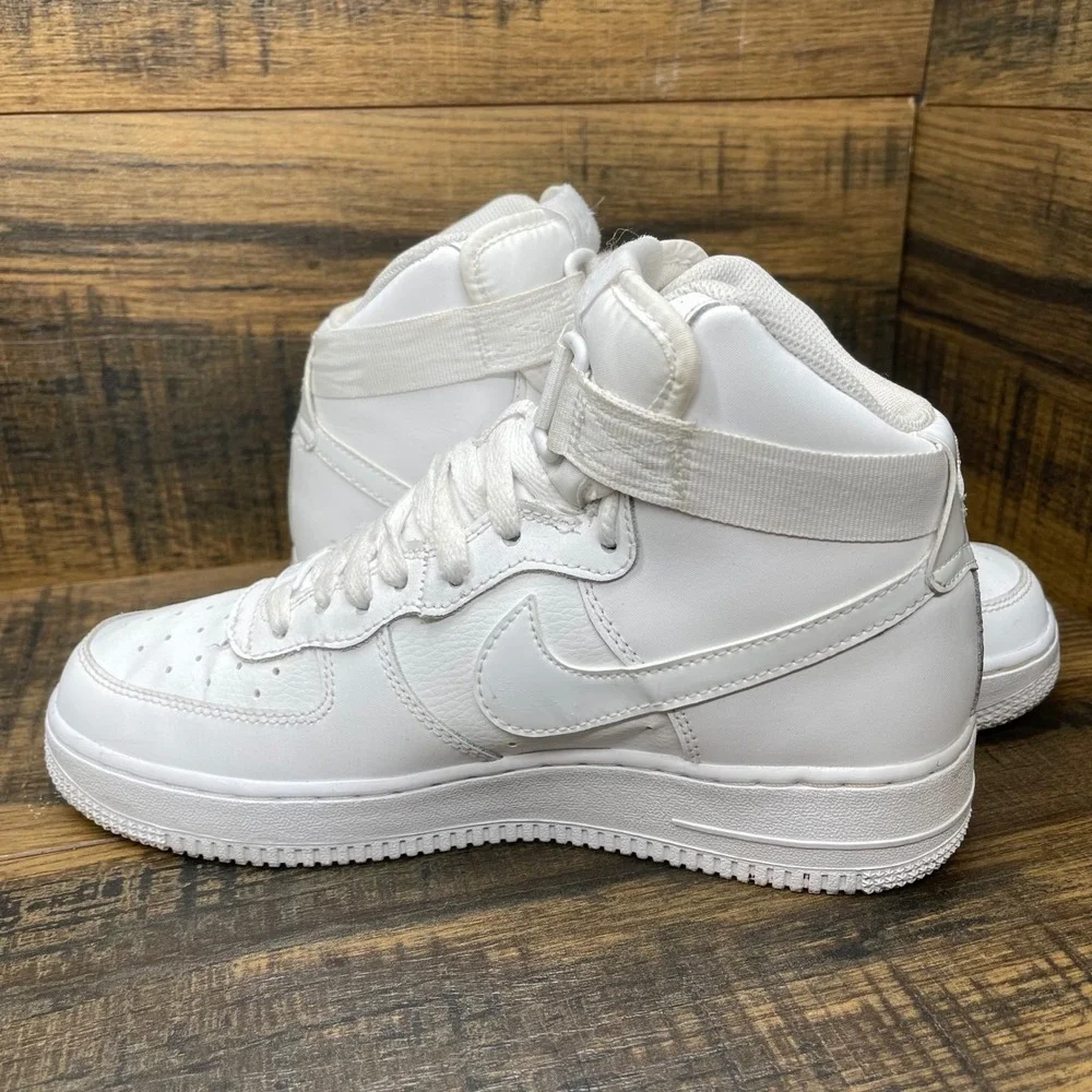 Nike Air Force‎ 1 High Kids 7Y White Leather Ankle Strap Sneakers 653998-100